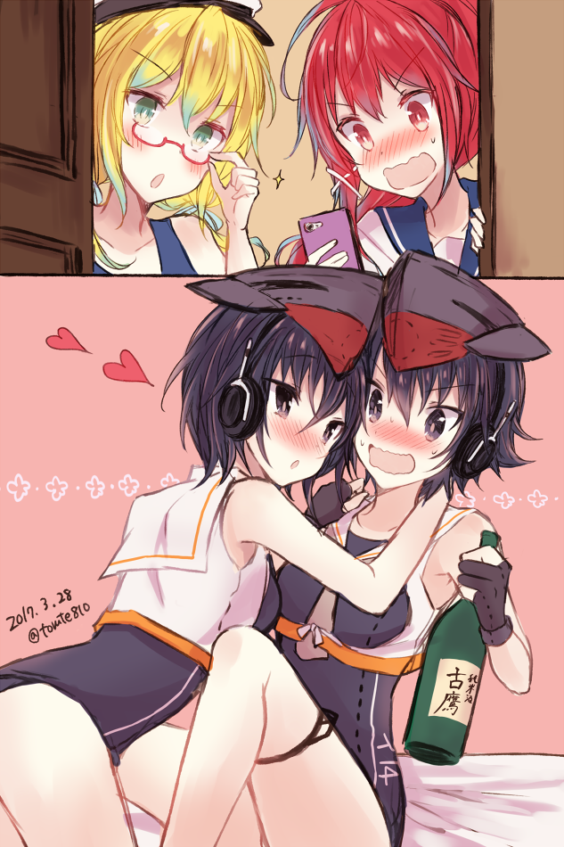 4girls, ahoge, asymmetrical_hair, bare_shoulders, black_hair, blonde_hair, blue_eyes, blush