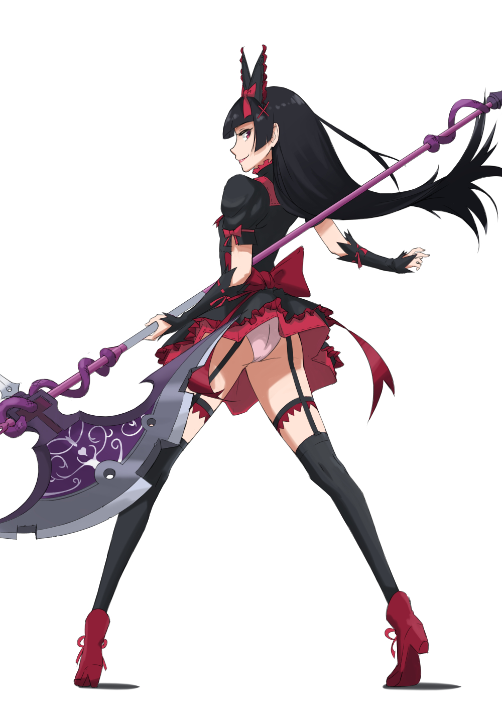 1girl, ass, axe, back, black_hair, from_behind, gate_-_jieitai_ka_no_chi_nite_kaku_tatakaeri, gothic_lolita, hair_ribbon, highres, imdsound, lolita_fashion, long_hair, looking_back, panties, red_eyes, ribbon, rory_mercury, shadow, simple_background, smile, solo, underwear, upskirt, weapon, white_background