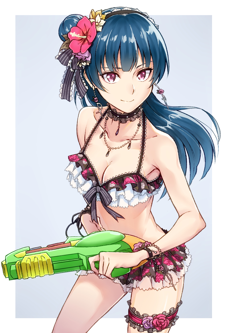 bikini, blue_hair, blush, long_hair, love_live!_sunshine!!, odango, pink_eyes, smile
