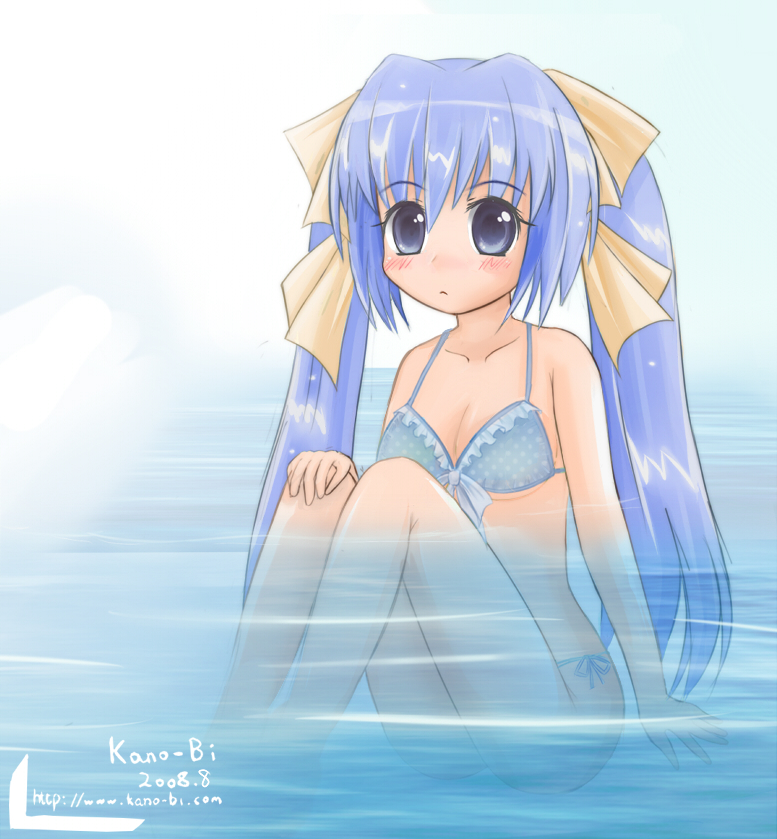 1girl, 2008, bikini, blue_hair, blush, bow, deviantart, kano-bi, long_hair, original, partially_submerged, solo, twintails, water