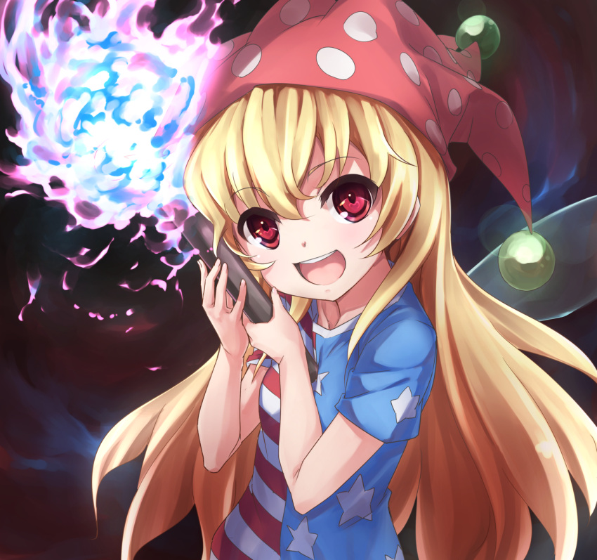 1girl, american_flag_dress, bangs, blonde_hair, clownpiece, commentary_request, fairy_wings, fire