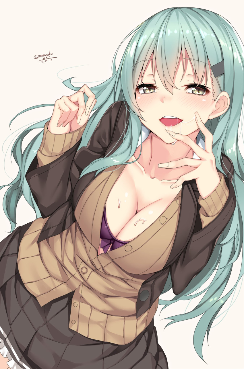 aqua_hair, bad_anatomy, beige_background, bra, breasts, cleavage, dutch_angle, eyebrows_visible_through_hair