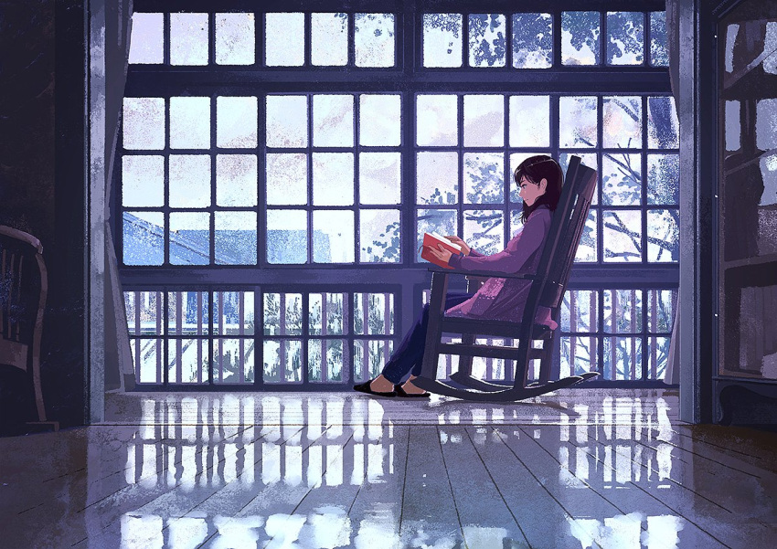1girl, blue_pants, book, brown_hair, building, chair, closed_mouth, commentary_request