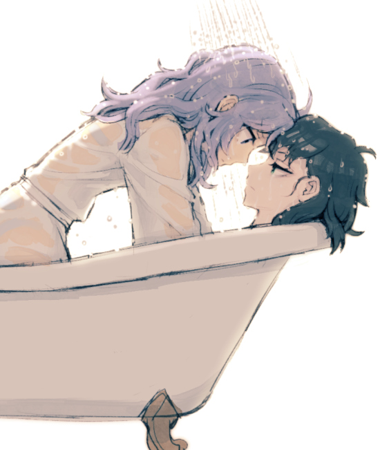 2girls, bathtub, black_hair, blue_eyes, bra, bright_background, claw_foot_bathtub, expressionless