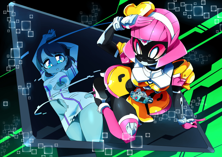 1girl, absurdres, armor, blue_eyes, breasts, dual_persona, hairband, heart