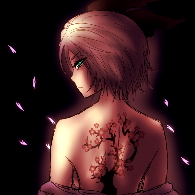 1girl, back_tattoo, backboob, bare_shoulders, black_background, black_ribbon, breasts, cherry_blossoms