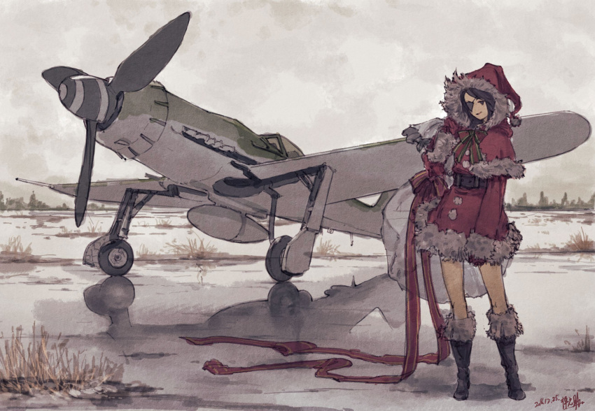 1girl, aircraft, airplane, arm_at_side, arm_up, bag, belt, black_belt