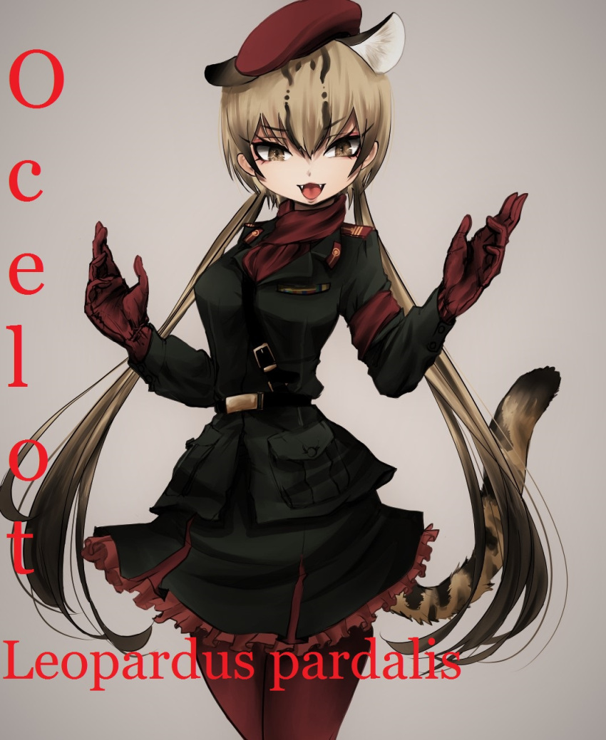 1girl, animal_ears, belt, beret, blonde_hair, cat_ears, character_name, cosplay