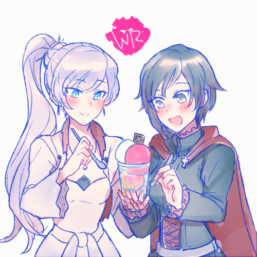 2girls, black_hair, blue_eyes, blush, cape, chocolate_bar, eye_scar, food