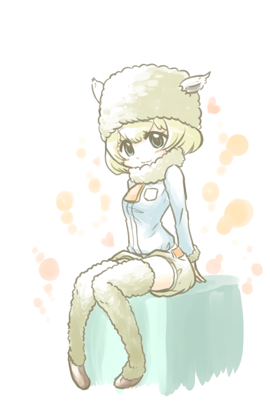 1girl, alpaca_ears, alpaca_huacaya_(kemono_friends), animal_ears, arm_support, blue_eyes, blush, full_body
