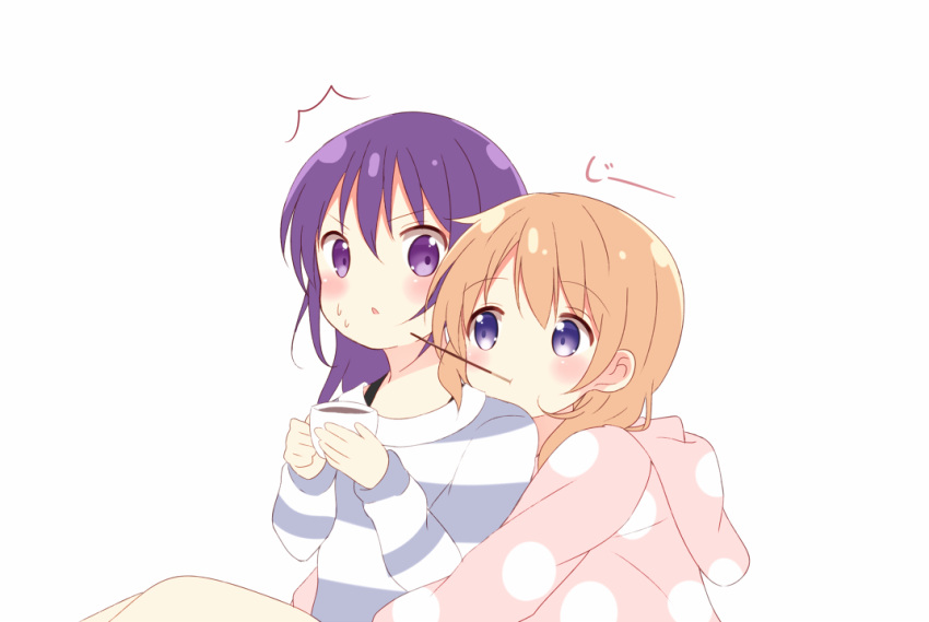 /\/\/\, 2girls, :t, bangs, blue_eyes, blush, brown_hair, closed_mouth, cup, eyebrows_visible_through_hair, food, food_in_mouth, gochuumon_wa_usagi_desu_ka?, hair_between_eyes, holding, holding_cup, hoto_cocoa, long_hair, looking_at_another, mouth_hold, multiple_girls, nagomi_yayado, open_mouth, pocky, polka_dot_sweater, purple_hair, simple_background, sitting, staring, striped, striped_sweater, sweatdrop, sweater, tareme, teacup, tedeza_rize, triangle_mouth, violet_eyes, white_background, yuri