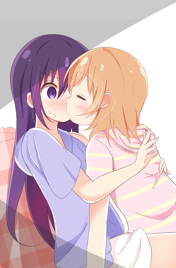 2girls, bangs, blush, brown_hair, closed_eyes, empty_eyes, eyebrows_visible_through_hair, full-face_blush