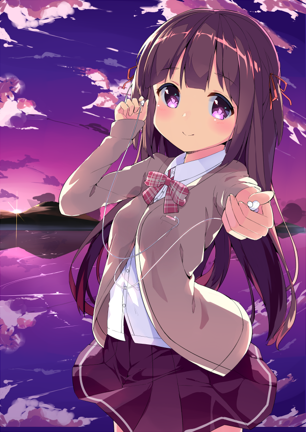 1girl, bangs, black_skirt, blush, brown_hair, cardigan, chikuwa., closed_mouth