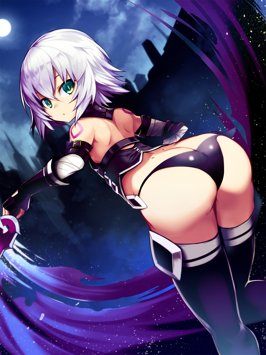 1girl, ass, assassin_of_black, bandage, bare_shoulders, belt, black_legwear, black_panties