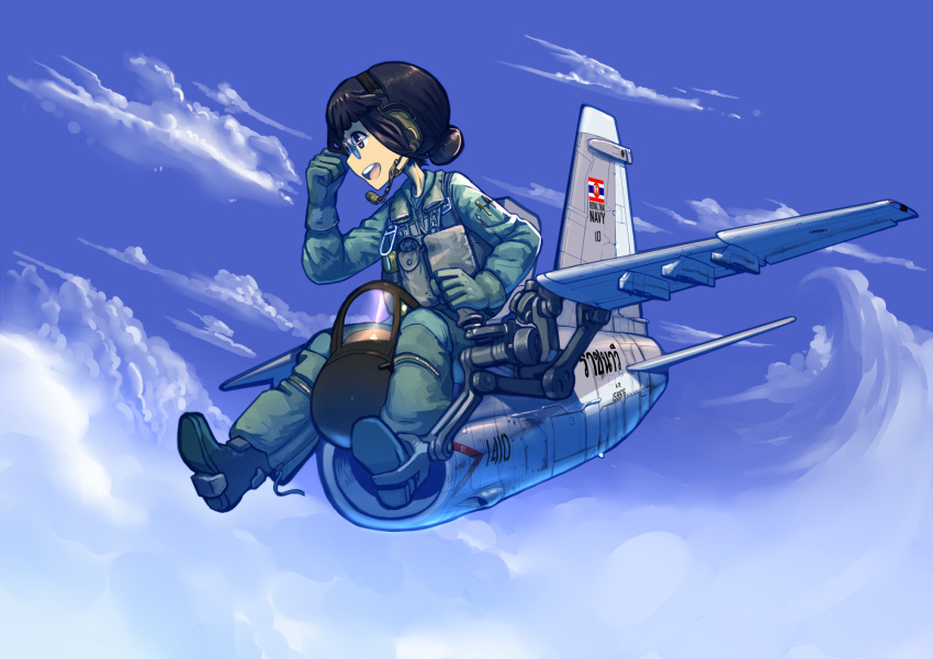 1girl, aircraft, airplane, aviator_sunglasses, black_hair, brown_eyes, clouds, commentary, erica_(naze1940), fighter_jet, flying, gloves, hair_bun, hand_on_own_forehead, hand_up, headphones, headset, highres, jet, looking_down, looking_to_the_side, military, military_uniform, military_vehicle, open_mouth, original, pen, pilot, pilot_suit, profile, short_hair, sky, smile, solo, sunglasses, thai, thai_flag, thailand, uniform