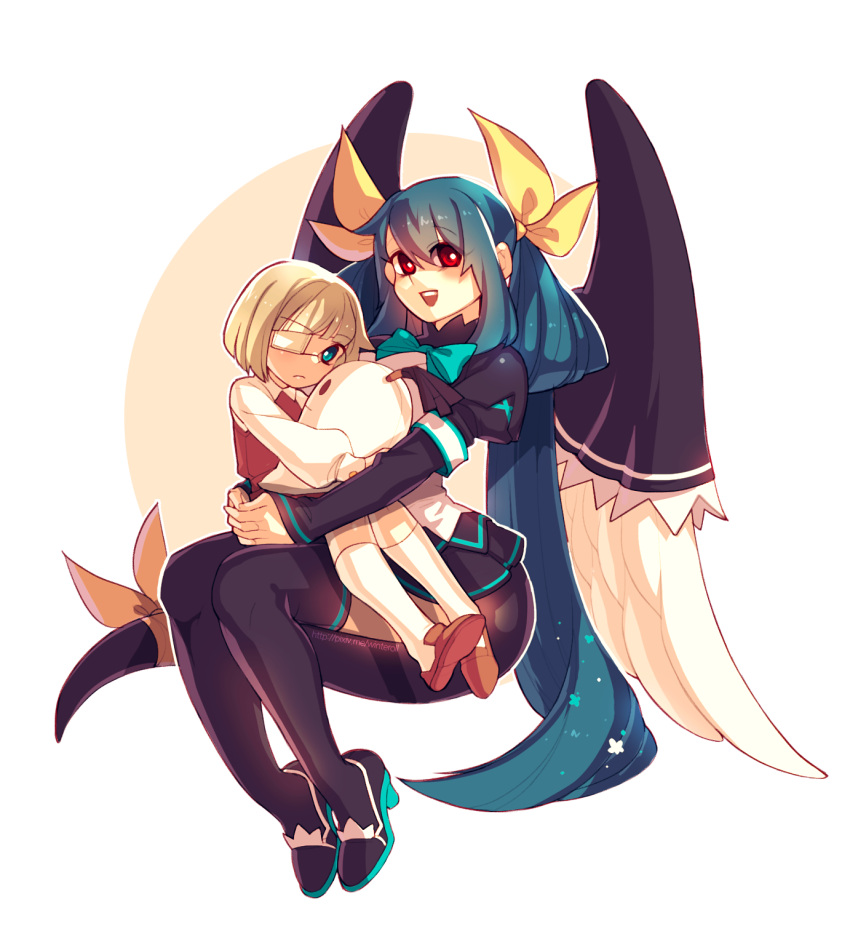 1boy, 1girl, blonde_hair, blue_eyes, blue_hair, dizzy, doll, eyepatch