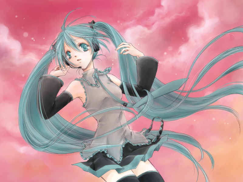 aqua_hair, bad_id, cloud, clouds, detached_sleeves, fujie, hatsune_miku, headset