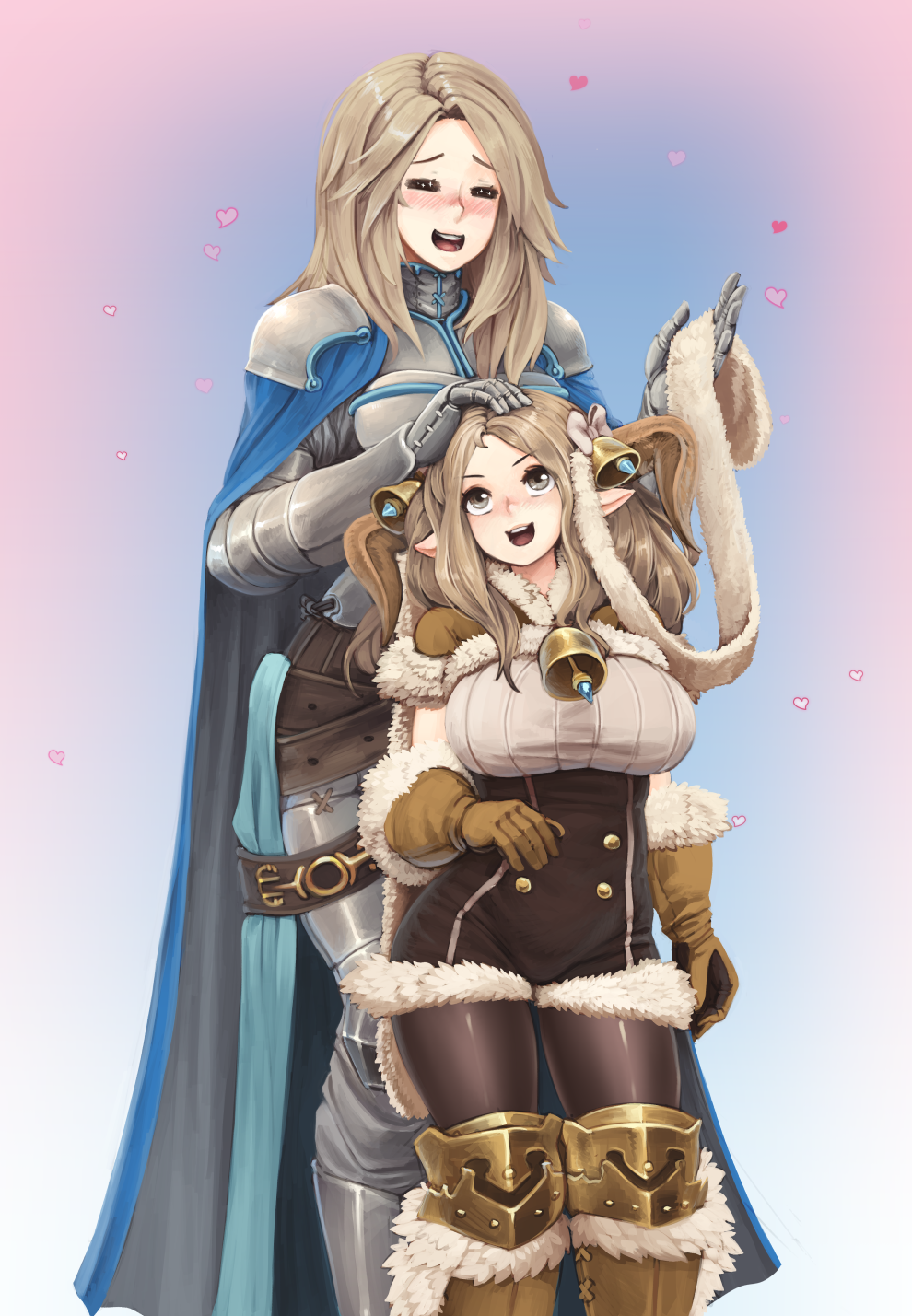 2girls, :3, :d, =_=, armor, barbariank, bell, blush, breasts, brown_hair, cape, catalina_(granblue_fantasy), closed_eyes, commentary, daetta_(granblue_fantasy), doraf, fur-trimmed_gloves, fur_trim, gauntlets, gloves, granblue_fantasy, greaves, hair_bell, hair_ornament, heart, height_difference, highres, horns, large_breasts, long_hair, multiple_girls, open_mouth, pauldrons, petting, pointy_ears, revision, smile, underbust