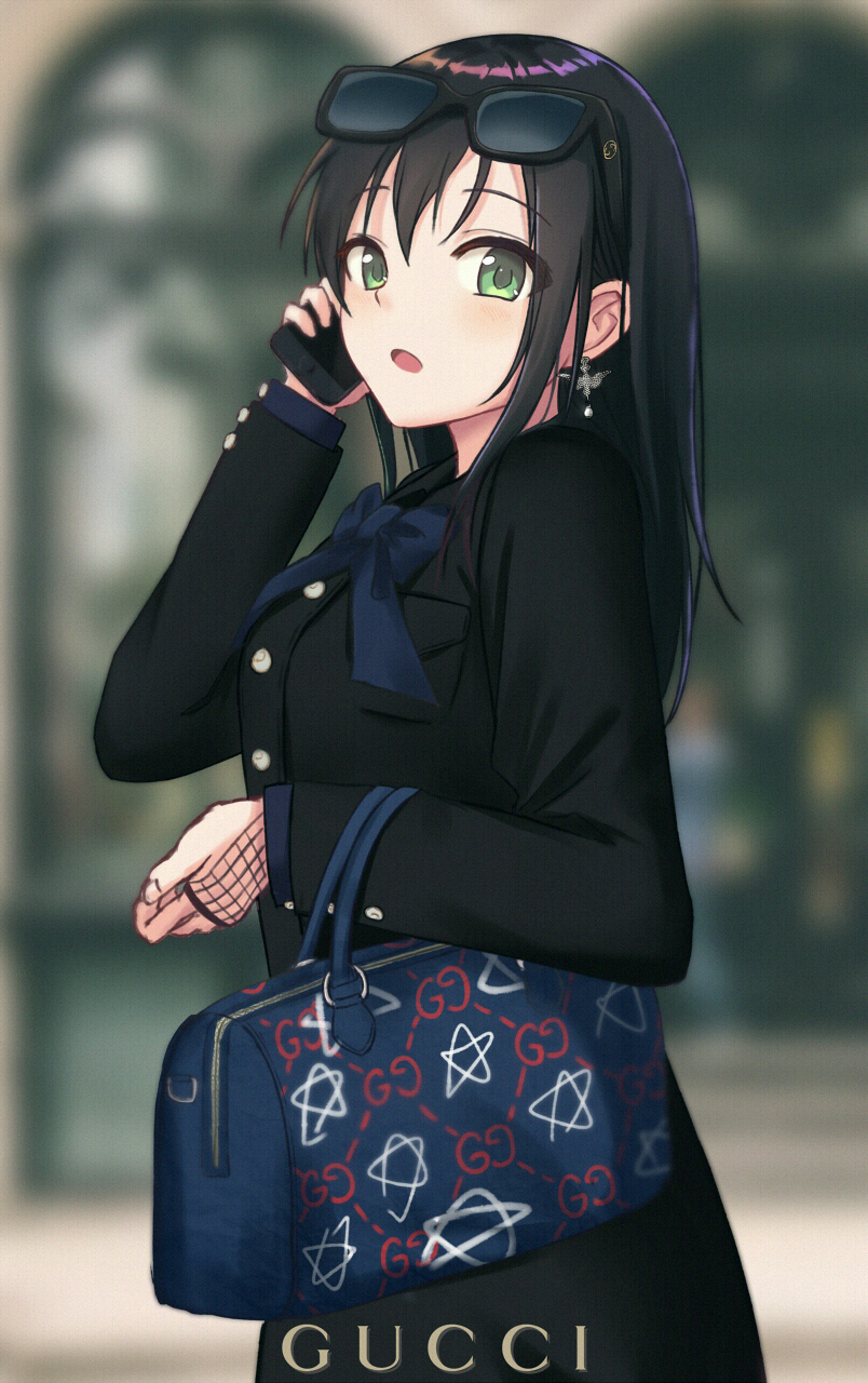 1girl, bag, bangs, black_coat, black_hair, blurry, cellphone, day