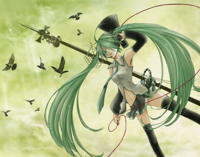 birds, detached_sleeves, fujie, green_eyes, green_hair, hatsune_miku, headset, koi_wa_sensou_(vocaloid)