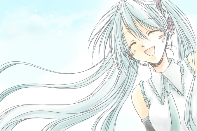 fujie, happy, hatsune_miku, headset, long_hair, necktie, twintails, vocaloid