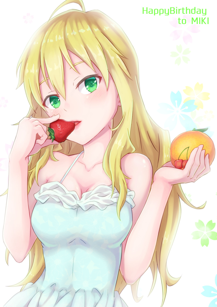1girl, ahoge, blonde_hair, blush, breasts, cherry, cleavage, eating