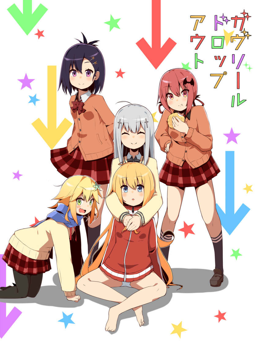 5girls, :o, :t, ahoge, arms_behind_back, arrow_background, barefoot, bat_hair_ornament