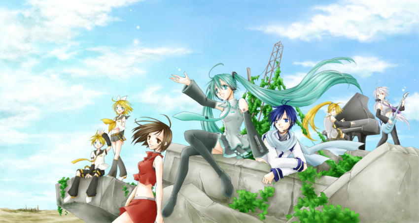 cloud, clouds, detached_sleeves, fujie, grand_piano, guitar, hatsune_miku, headset