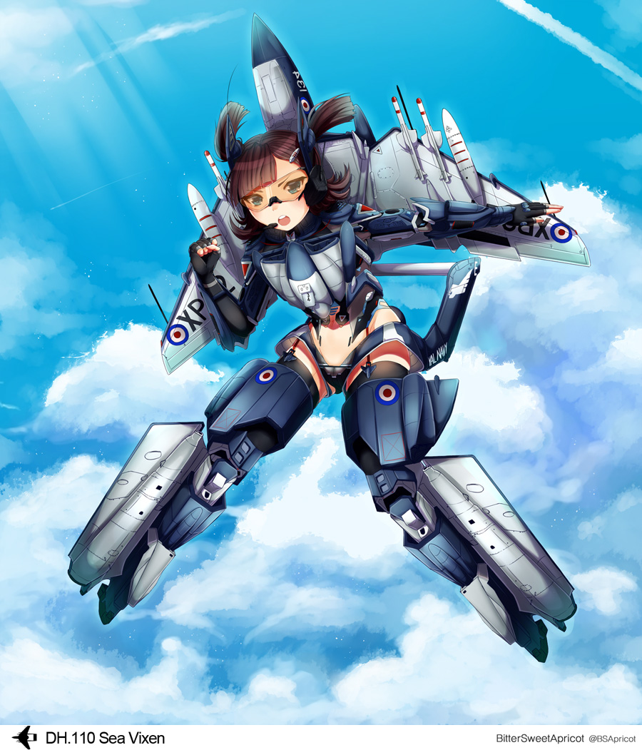 :o, blue_eyes, brown_hair, clouds, danielle_brindle, fingerless_gloves, flying, gloves, goggles, headset, jet_engine, mecha_musume, midriff, open_mouth, personification, rocket, sea_vixen, sky, thigh-highs, twintails, wings, zettai_ryouiki