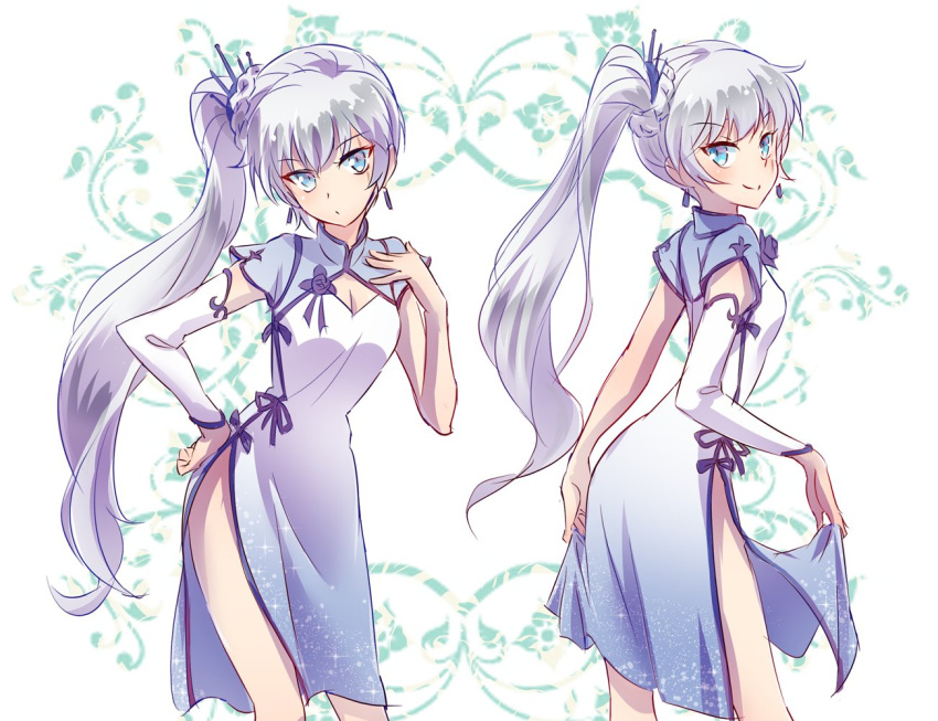 1girl, blue_eyes, china_dress, chinese_clothes, commentary_request, dress, dual_persona, earrings