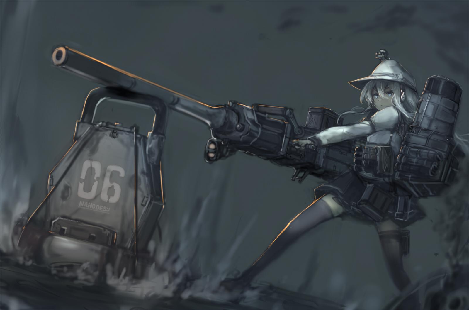 1girl, black_legwear, black_skirt, blue_eyes, fairy_(kantai_collection), flat_cap, ground_gundam, gun