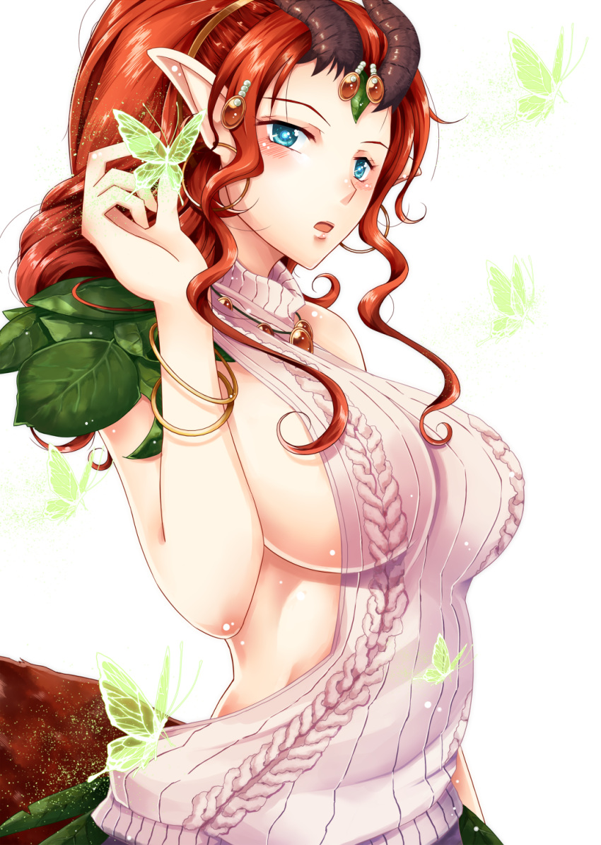 1girl, aiushtha, bare_back, blue_eyes, blush, bracelet, breasts, butterfly, defense_of_the_ancients, dota_2, fennek, highres, horns, jewelry, medium_breasts, meme_attire, pink_sweater, pointy_ears, redhead, short_hair, sideboob, simple_background, solo, sweater, tail, turtleneck, turtleneck_sweater, virgin_killer_sweater, white_background