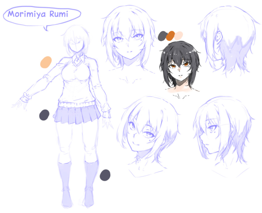 1girl, black_hair, cardigan, character_name, character_sheet, collarbone, eyebrows_visible_through_hair, eyelashes