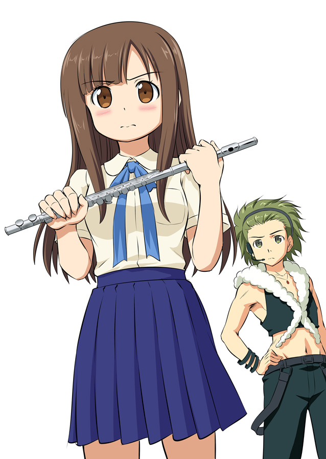 1boy, 1girl, commentary_request, ero_manga_sensei, flute, fujita_akane, green_eyes, green_hair, hairband, idolmaster, idolmaster_cinderella_girls, instrument, izumi_masamune, izumi_sagiri, kishi_nisen, long_hair, matsuoka_yoshitsugu, mitarai_shouta, mizumoto_yukari, parody, school_uniform, seiyuu_connection, white_background