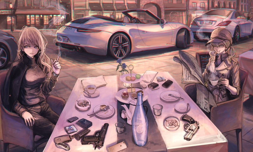2girls, blonde_hair, car, chair, cigarette, convertible, cup, fork