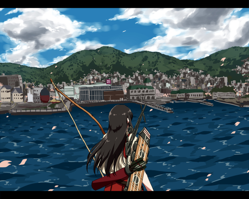 1girl, akagi_(kantai_collection), any_(lucky_denver_mint), arrow, black_hair, bow_(weapon), city, cityscape