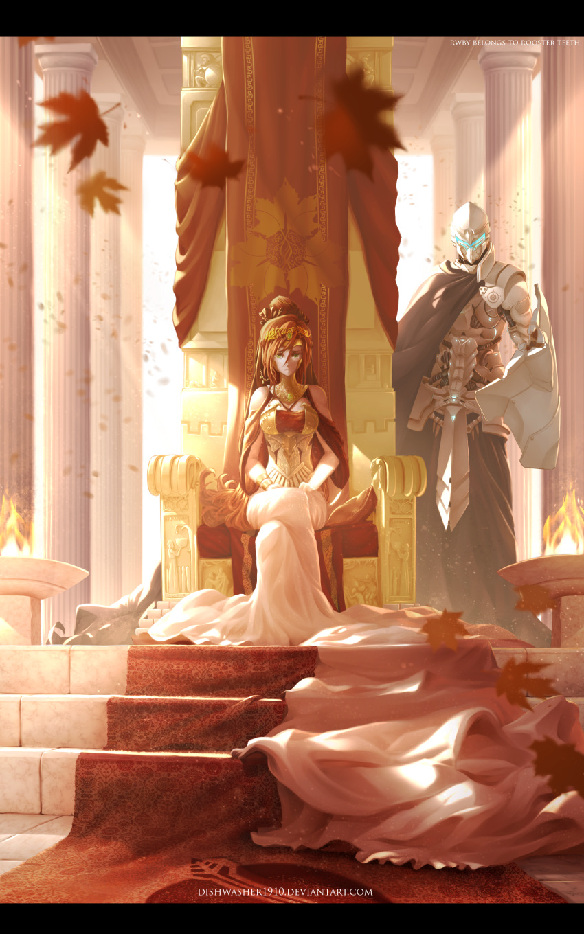 1boy, 1girl, absurdres, architecture, armor, autumn_leaves, bangs, bare_shoulders