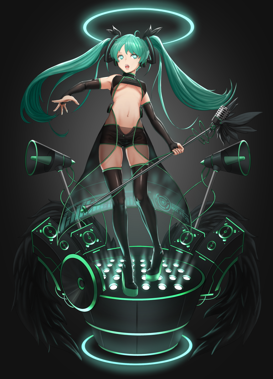 1girl, banajune, black_boots, black_legwear, boots, bridal_gauntlets, green_eyes, green_hair