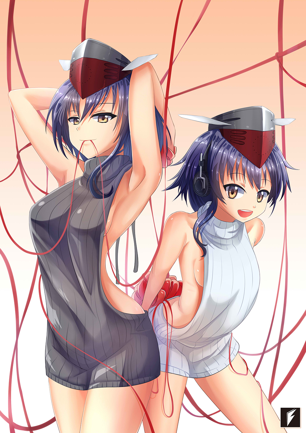 2girls, alternate_costume, asymmetrical_hair, black_hair, brown_eyes, despair_wing, gradient, gradient_background