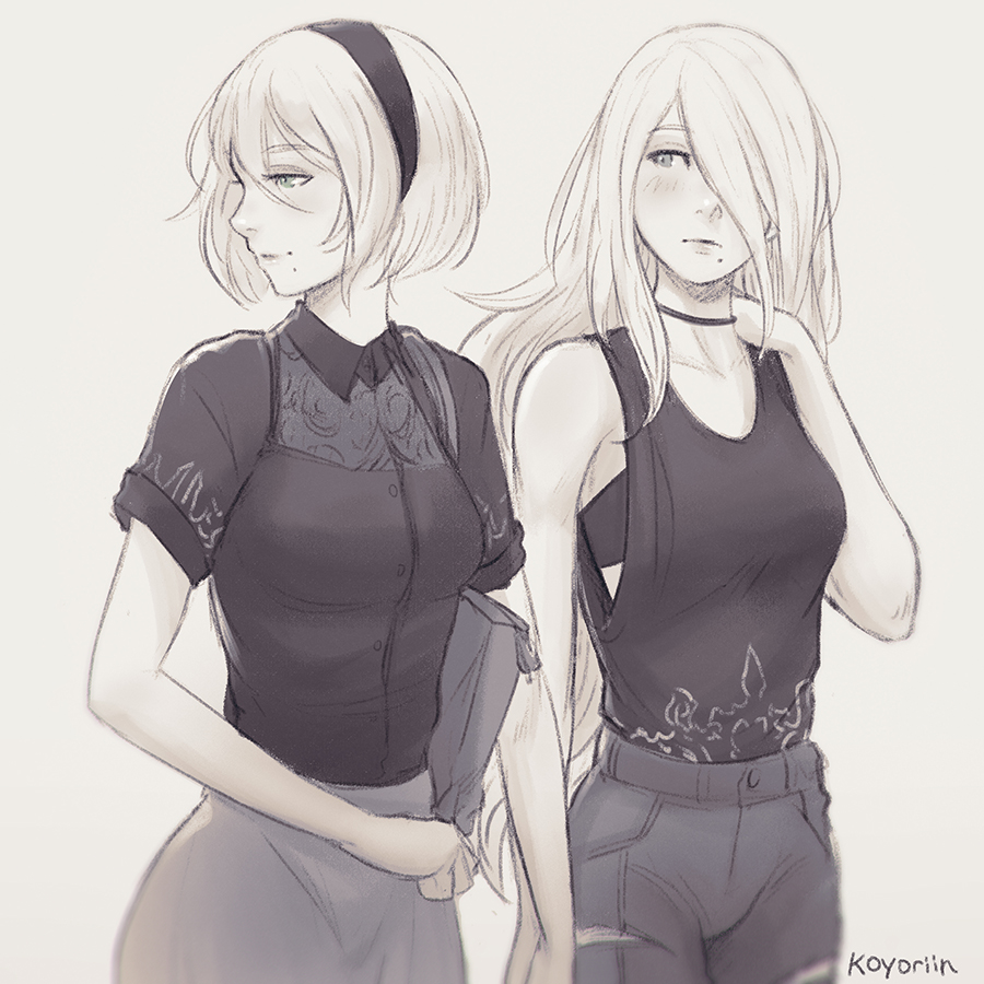 2girls, arm_at_side, artist_name, bag, bare_arms, bare_shoulders, bra, bra_peek