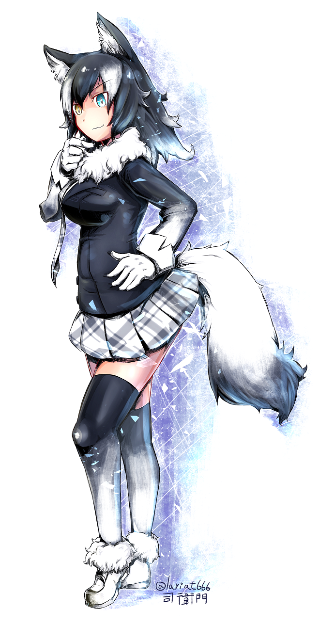 1girl, animal_ears, black_hair, blue_eyes, breasts, full_body, fur_collar, gloves, grey_wolf_(kemono_friends), heterochromia, highres, kemono_friends, long_hair, long_sleeves, looking_at_viewer, medium_breasts, multicolored_hair, necktie, skirt, smile, solo, tail, tsukasa-emon, two-tone_hair, white_hair, wolf_ears, wolf_tail, yellow_eyes