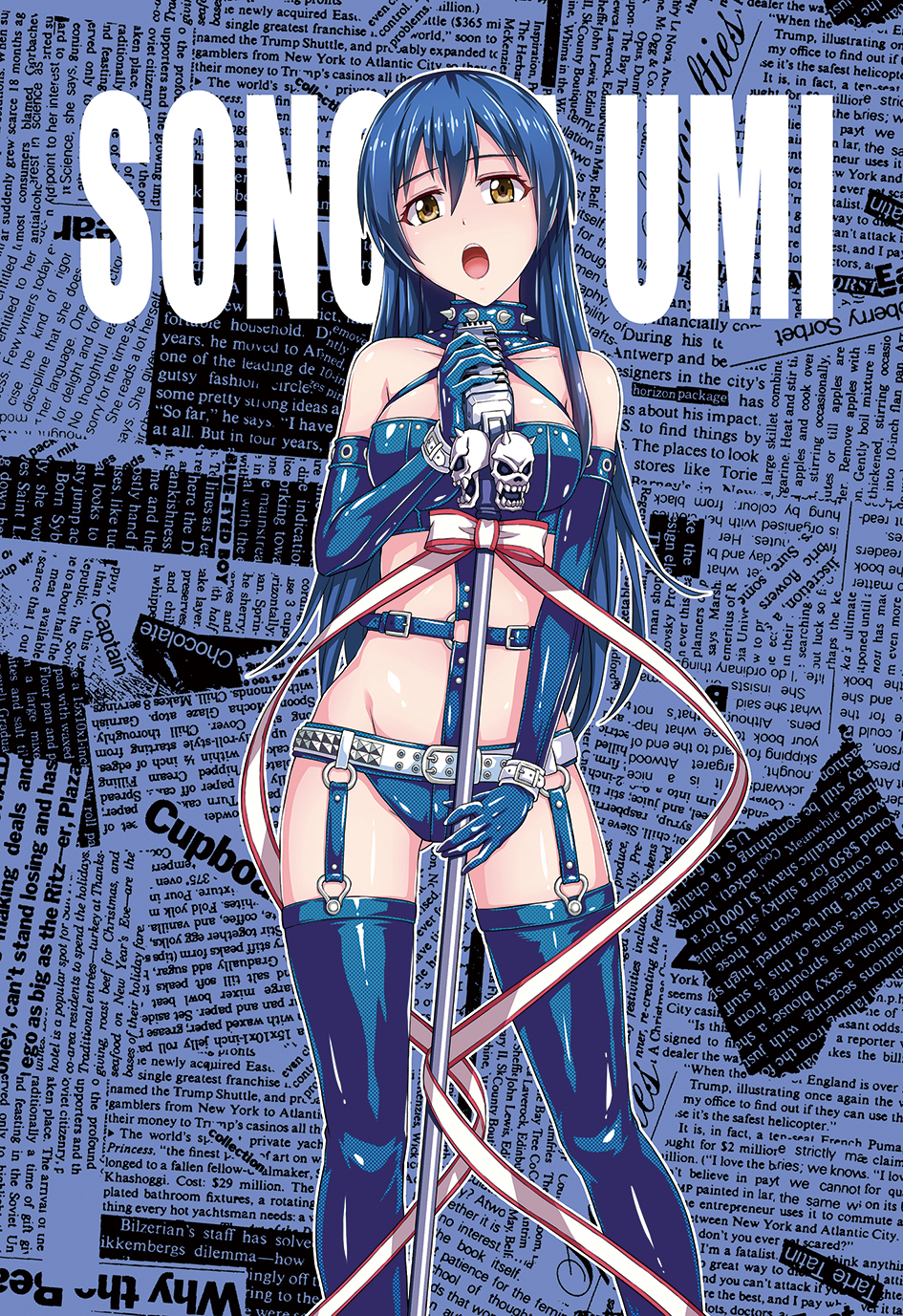 1girl, a4typhoon, blue_hair, bondage_outfit, character_name, collar, colored, elbow_gloves, gloves, highres, long_hair, looking_at_viewer, love_live!, love_live!_school_idol_project, microphone, monochrome, open_mouth, solo, sonoda_umi, spiked_collar, spikes, thigh-highs, yellow_eyes