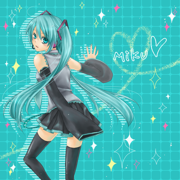 aqua_hair, bad_id, detached_sleeves, hatsune_miku, headset, kanaka_(sunset13), long_hair, looking_back, necktie, skirt, thigh-highs, thighhighs, twintails, vocaloid, zettai_ryouiki