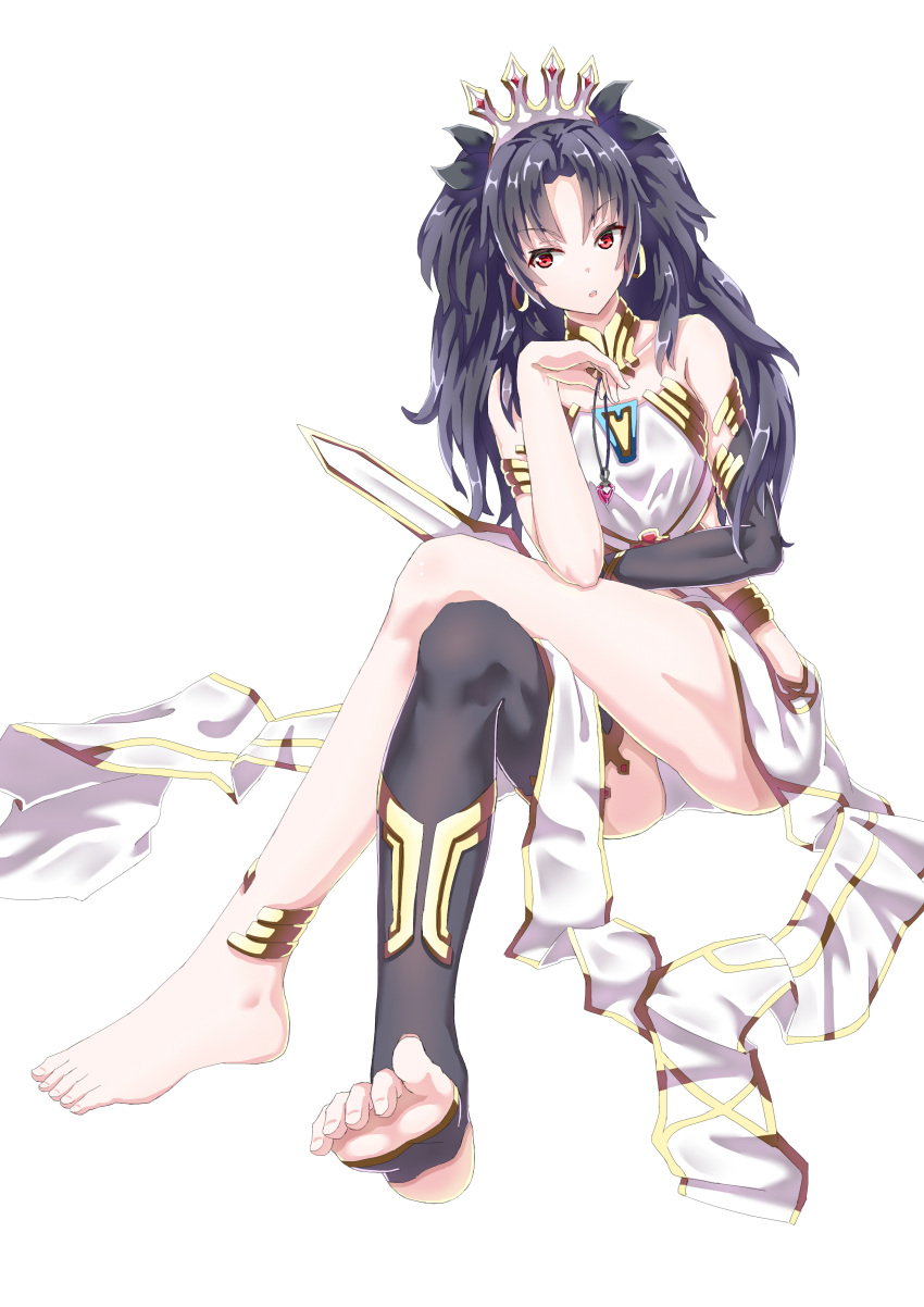 >:o, 1girl, :o, absurdres, anklet, barefoot, black_hair, crown