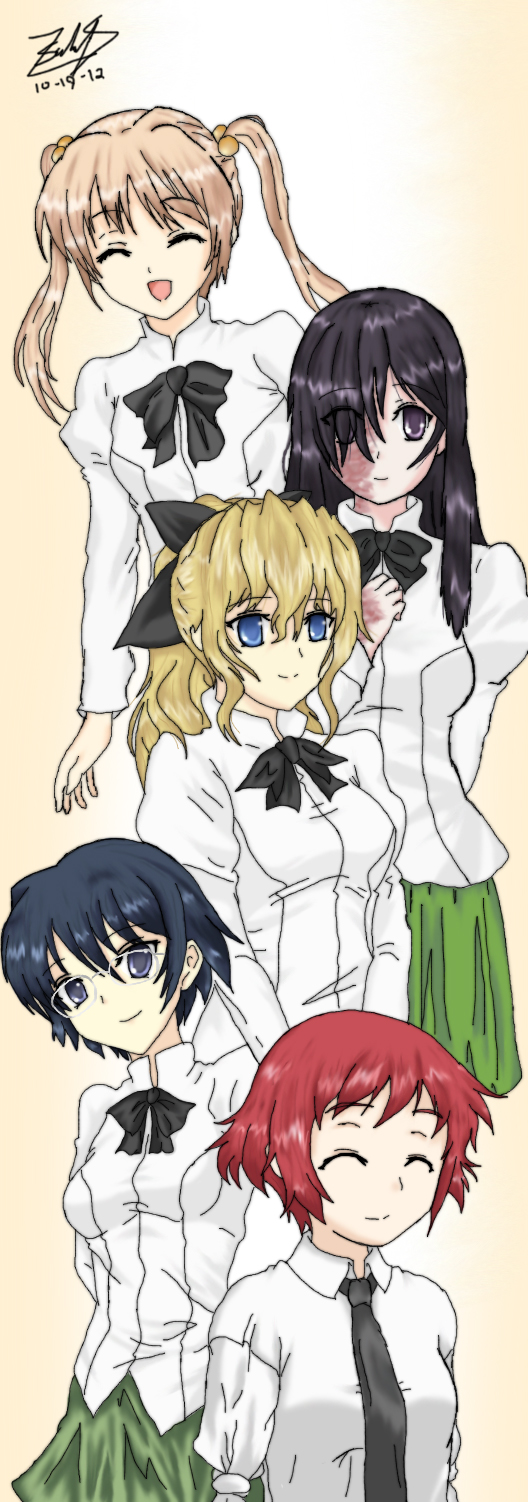 10s, 5girls, amputee, artist_name, black_hair, black_necktie, blonde_hair, blue_eyes