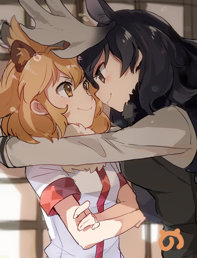 2girls, animal_ears, antlers, black_eyes, black_hair, blonde_hair, commentary_request, crossed_arms, fur_collar, hair_between_eyes, japari_symbol, kemono_friends, lion_(kemono_friends), lion_ears, long_sleeves, looking_at_another, moose_(kemono_friends), moose_ears, multiple_girls, otk_do, short_hair, smile, upper_body, yellow_eyes, yuri