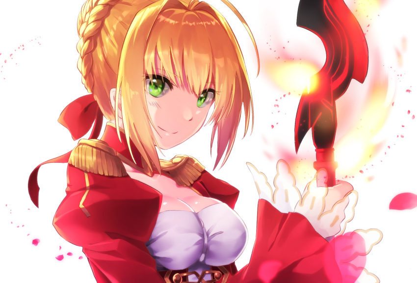 1girl, aestus_estus, ahoge, blonde_hair, blush, braid, breasts, cleavage