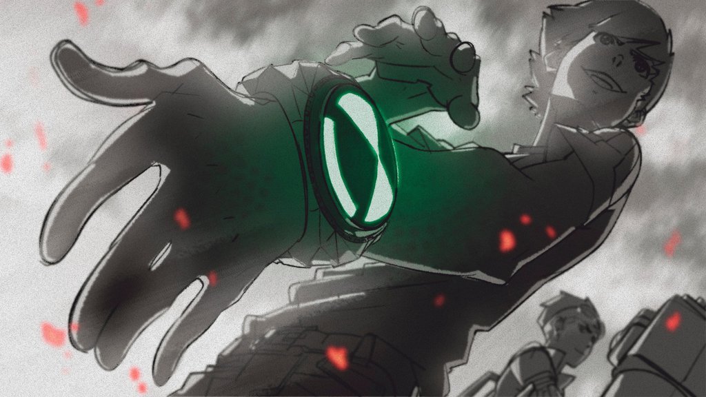 2boys, ben_10, ben_10:_omniverse, benjamin_kirby_tennyson, cartoon_network, crossover, generator_rex, glowing, grey_background, mecha, mechanical_arm, multiple_boys, omnitrix, rex_salazar, simple_background, smile, spot_color, steve_ahn