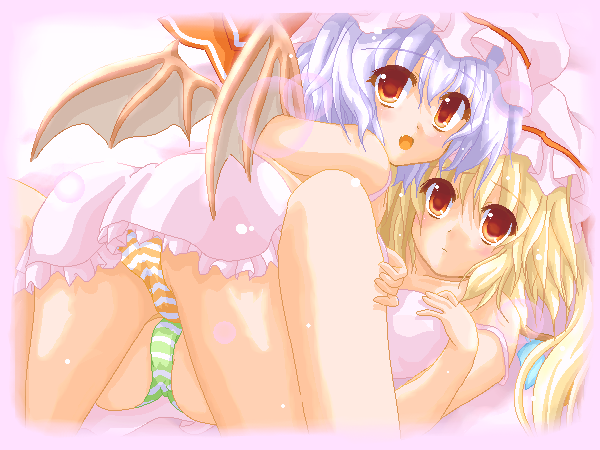 2girls, blonde_hair, blue_hair, flandre_scarlet, hat, marimo_(artist), panties, red_eyes, remilia_scarlet, ribbon, ribbons, short_hair, siblings, sisters, touhou, underwear, wings