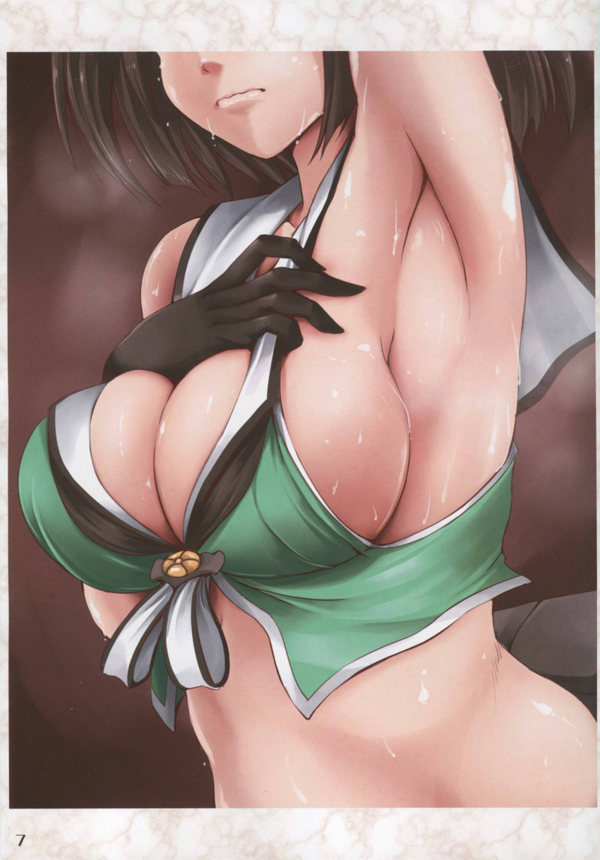 1girl, absurdres, akatsuki_(ownpace), black_hair, breasts, cleavage, highres, kantai_collection, large_breasts, maya_(kantai_collection), sideboob, solo, sweat, upper_body